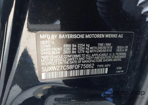 2015 BMW X3 Sdrive28I из США, поврежденный, VIN 5UXWZ7C58F0F75862